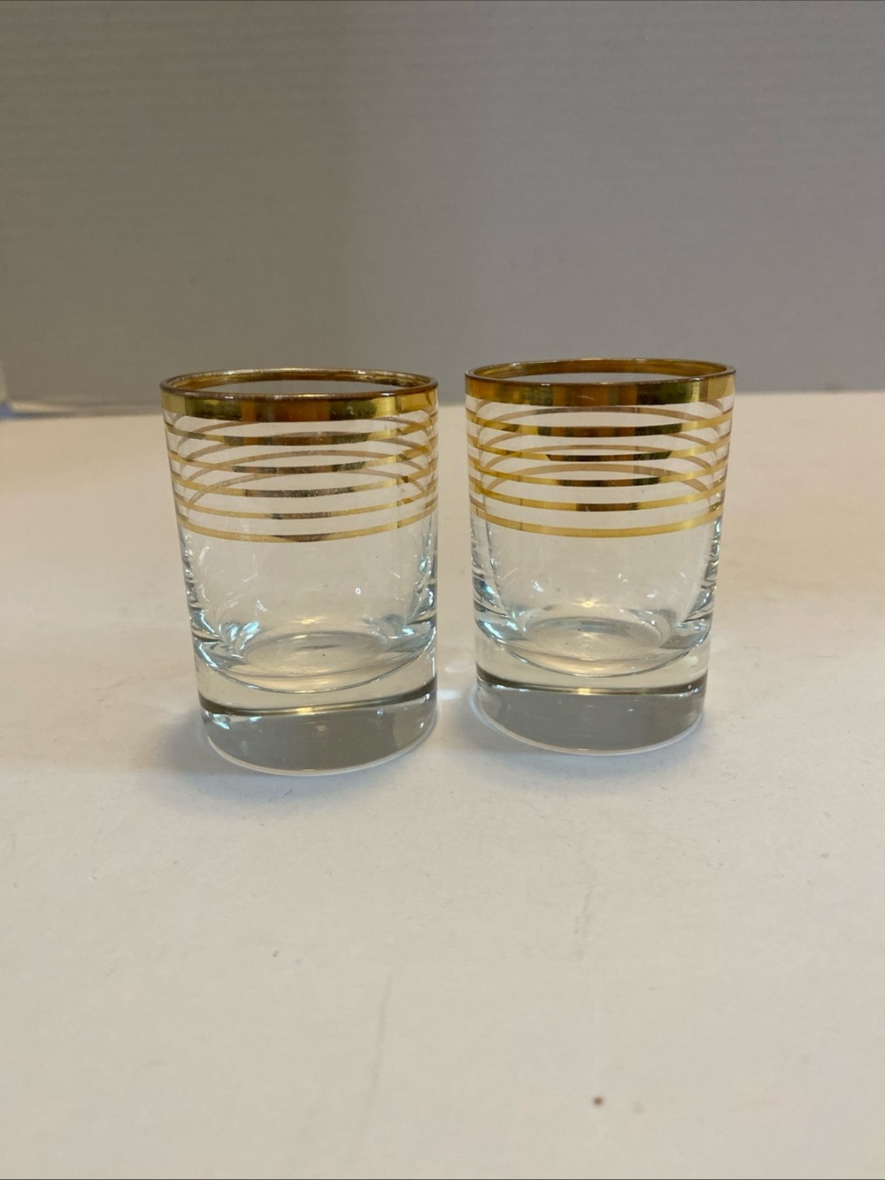 MCM Gold Banded/ Striped Shot Glasses Set  Of 2 Mid Century Modern Barware